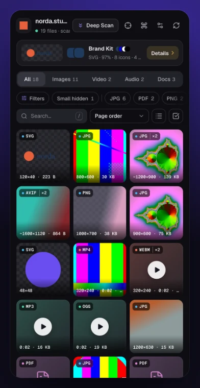 Nabbit panel with a grid of the page’s images, video, audio and PDFs, with format, size and weight.