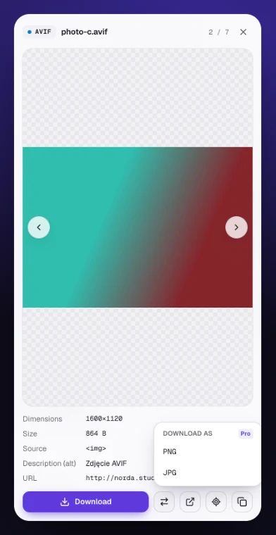 Preview of an AVIF image with its dimensions and source, and a Download as menu with PNG and JPG.